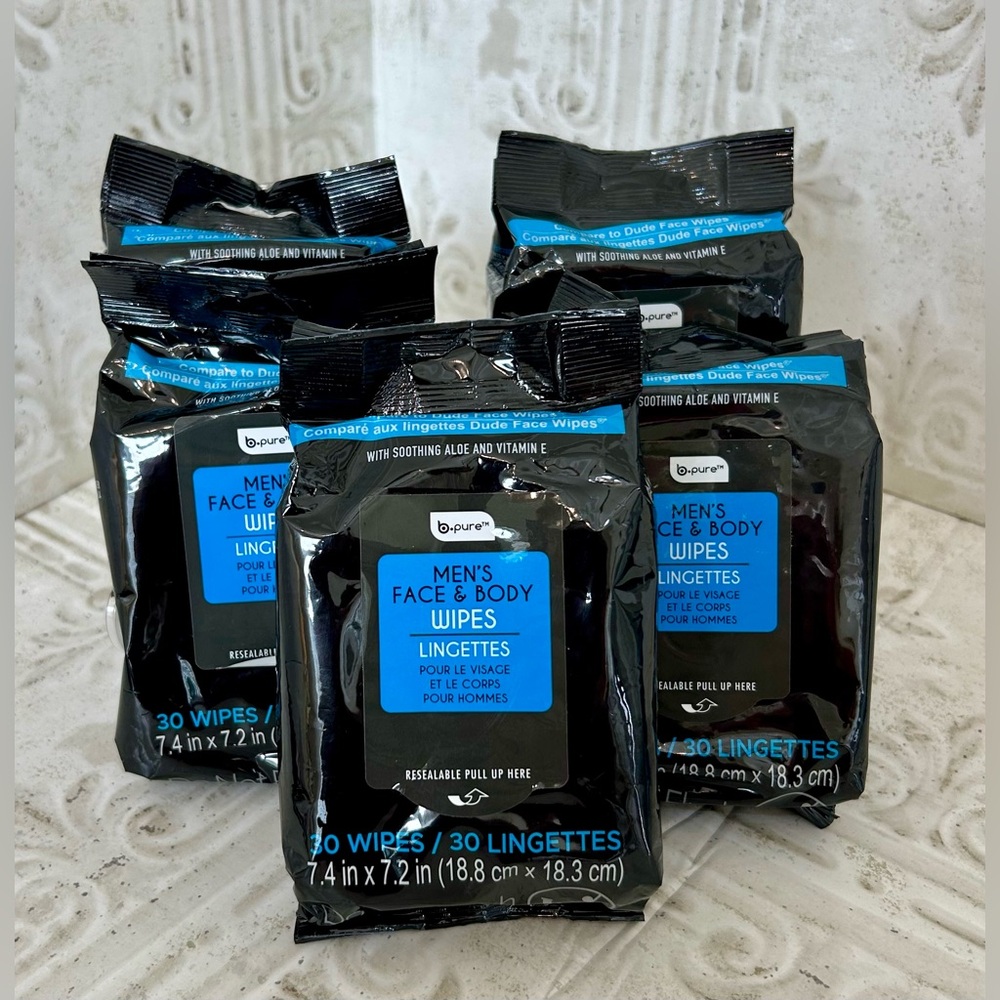 5 PACKS Men's Face & Body Wipes Aloe Vitamin E Removes Dirt & Grime On The Go.